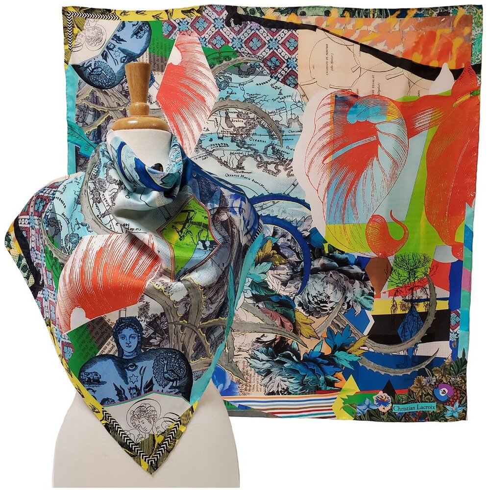 CHRISTIAN LACROIX SCARF EXOTIC MAP FLOWER PRINT SILK FOULARD SQUARE 35"